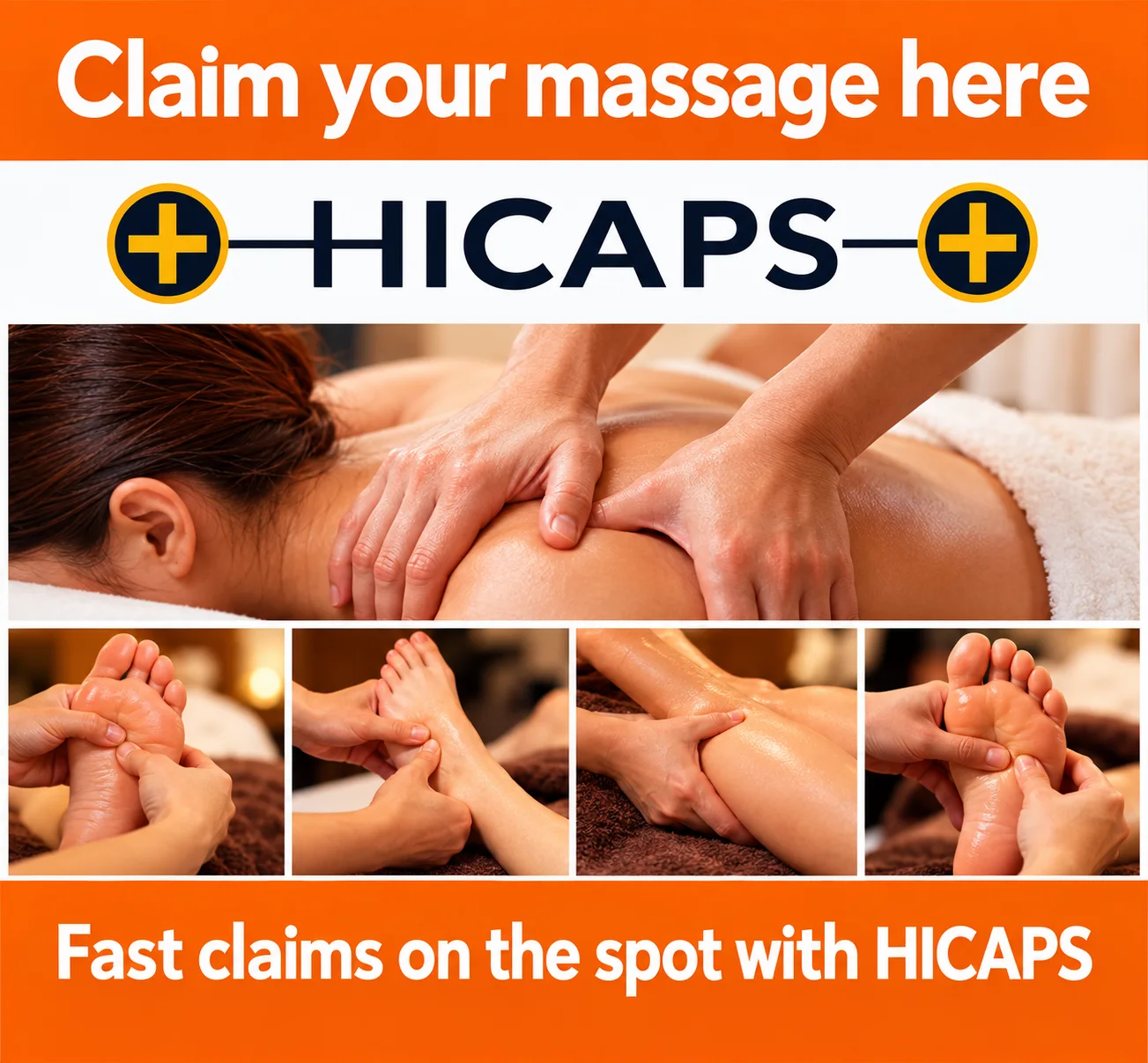 Refreshed HICAPS poster with massage and reflexology imagery